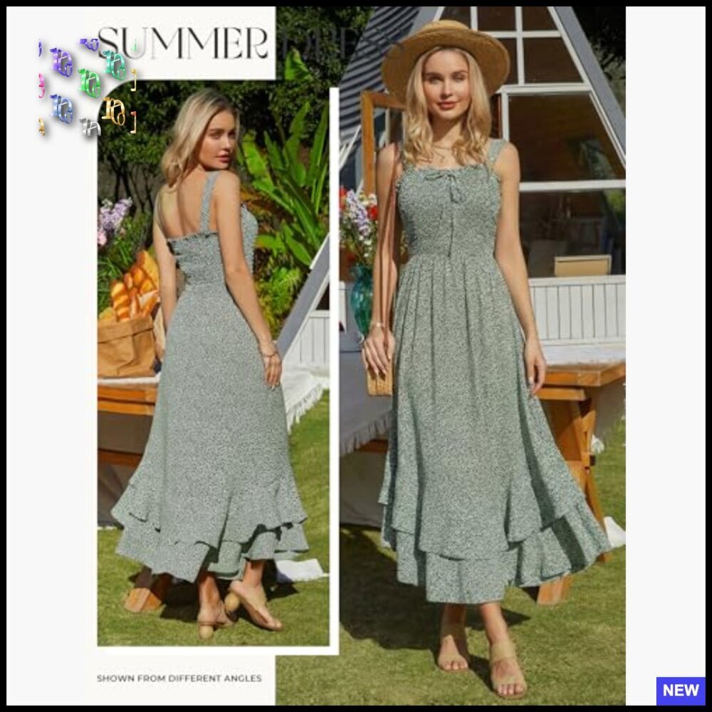 Floral Boho Maxi Dress Square Neck Strapped Swing A Line Sundress Beach - Picture 2 of 7
